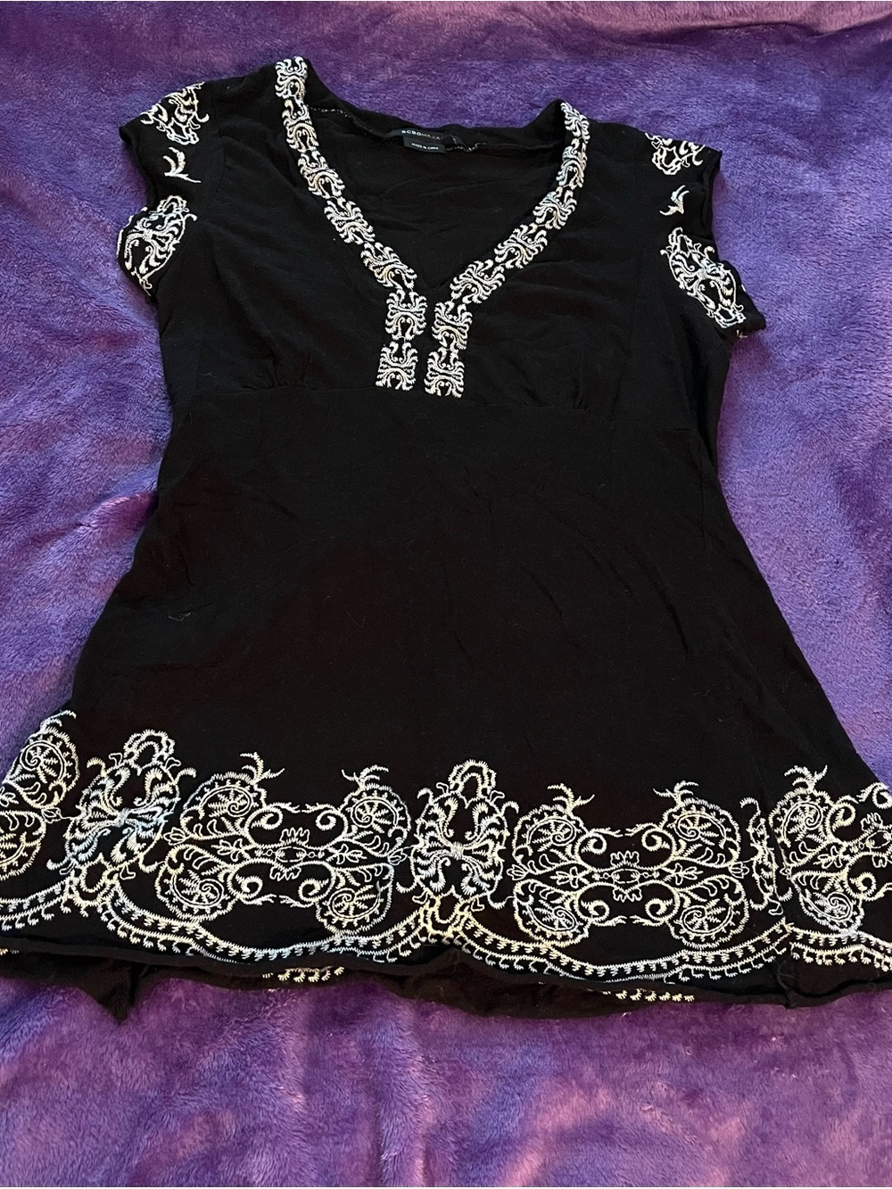 BCBGMaxAzria Black Short-Sleeve V-Neck Top with White Embroidery